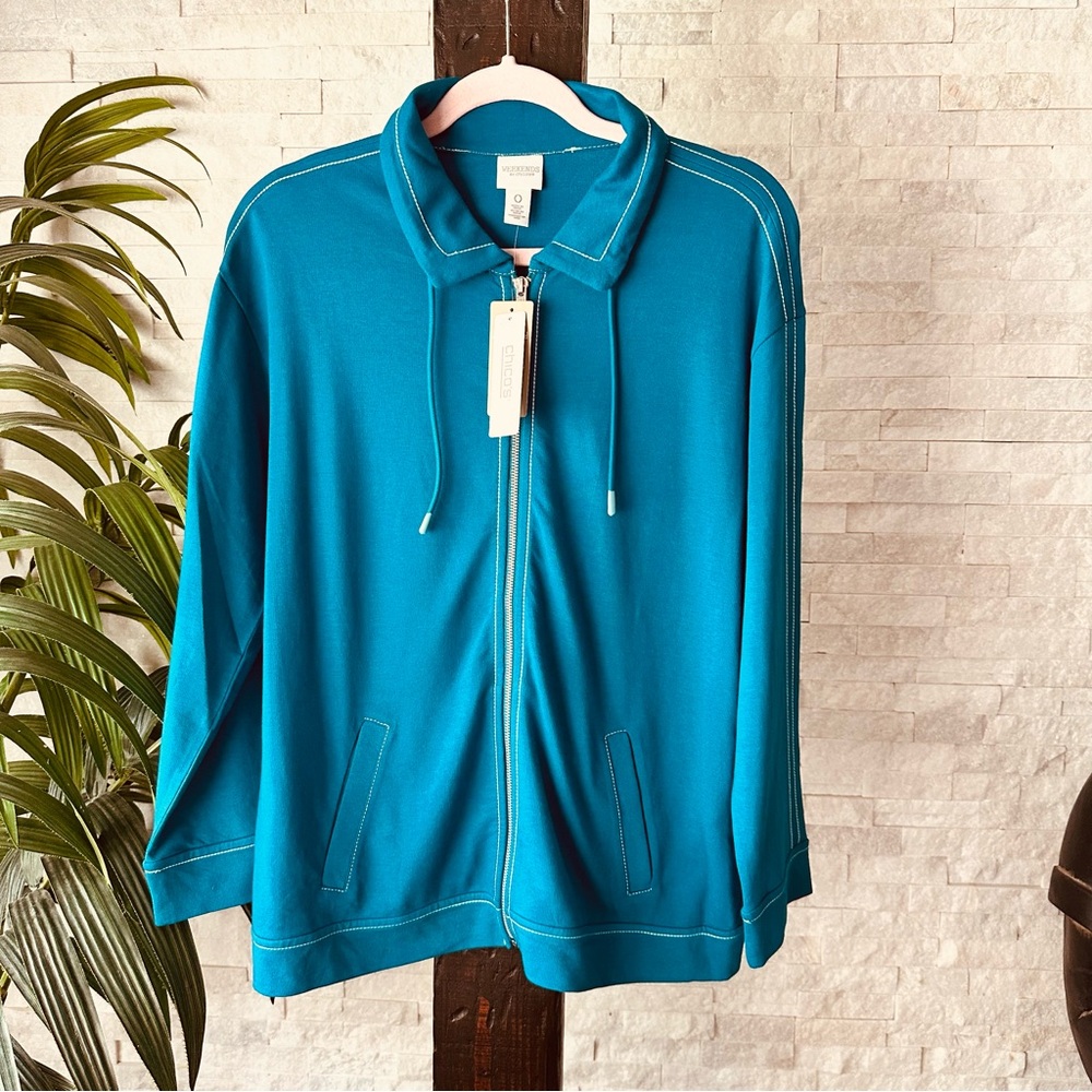CHICO’s “Refined” Soft Washed Full Zip Teal Knit Jacket Size Small New with Tags
